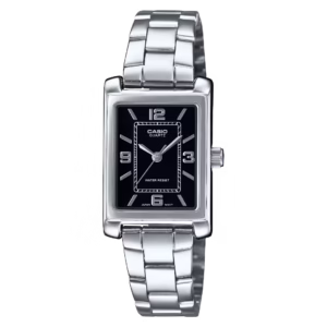 Casio LTP-1234DD-1A Timeless women's rectangular polished silver brass analog watch with black matte dial, Arabic numerals, and stainless steel bracelet.