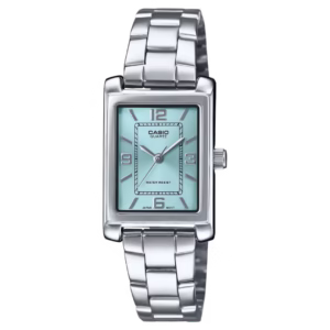 Casio LTP-1234DD-2A women's silver pd-plated brass rectangular case, tiffany-blue sunburst analog dial with mixed markers, silver stainless steel folded-links bracelet quartz watch