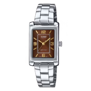 Casio LTP-1234DD-5A women's Timeless classic rectangular silver-tone stainless steel bracelet watch with chocolate brown sunburst dial