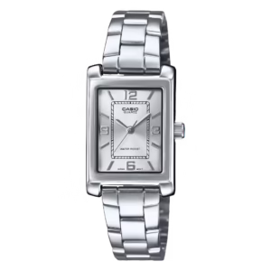 Casio LTP-1234DD-7A women's Timeless silver rectangular brass case, silver sunburst dial with Arabic numerals and indices, stainless steel bracelet watch.