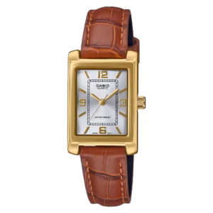 Casio LTP-1234GLL-7A Timeless women's gold rectangular brass case, silver sunburst dial, tan brown crocodile leather strap quartz analog watch.