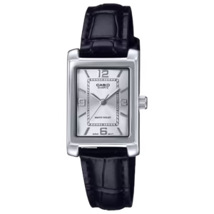Casio LTP-1234LL-7A Timeless women's silver rectangular brass case watch with a silver analog dial, Arabic numerals, and a black crocodile-embossed leather strap.