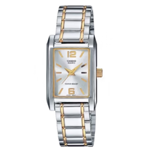 Casio LTP-1235SG-7A women's classic vintage rectangular silver PD-plated brass case, two-tone silver gold stainless steel bracelet, silver sunburst dial analog quartz watch.