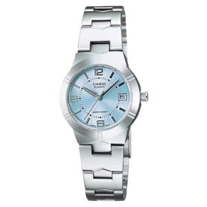 Casio LTP-1241D-2A women's Timeless collection analog quartz watch with round silver brass case, ice-blue sunburst dial, silver stainless steel bracelet, and date window.