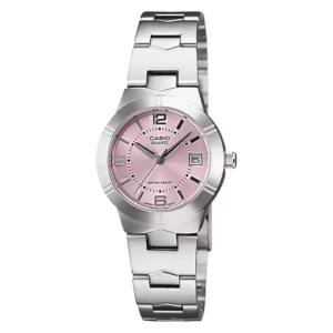 Casio LTP-1241D-4A Timeless women's round silver brass case, stainless steel bracelet, pink sunburst dial with date window, analog quartz watch