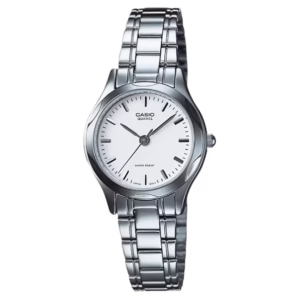 Casio LTP-1275D-7A Timeless Collection women's analog quartz watch with round silver pd-plated brass case, white matte dial, and silver stainless steel bracelet.