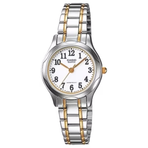 Casio LTP-1275SG-7B Timeless women's silver and gold two-tone stainless steel bracelet analog watch with white dial