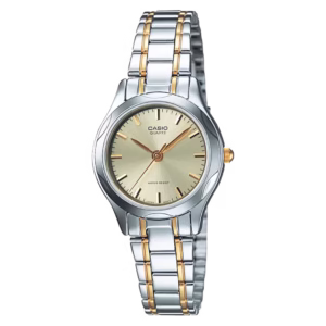 Casio LTP-1275SG-9A Timeless Collection, silver PD-plated brass round case, two-tone silver gold stainless steel bracelet, champagne gold sunburst dial women's analog quartz watch