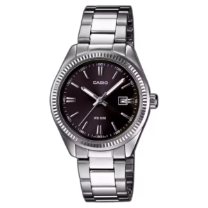 Casio LTP-1302D-1A1 women's round silver-tone PD-plated brass case, stainless steel bracelet, burgundy purple analog dial with date window watch