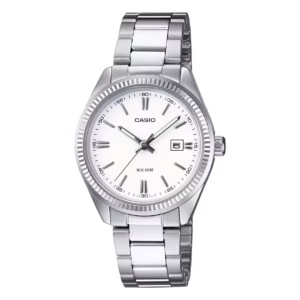 Casio LTP-1302D-7A1 Timeless silver-tone brass and stainless steel classic women's analog quartz watch with white dial and date window.