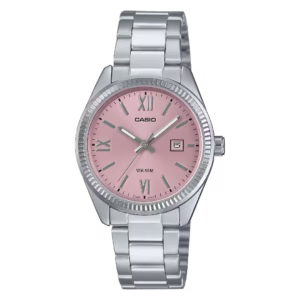 Casio LTP-1302DD-4A1 Timeless Collection women's silver brass and stainless steel analog quartz watch with pink dial.