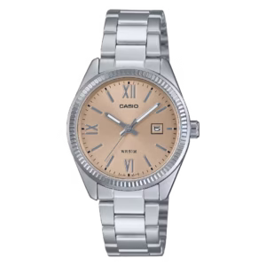 Casio LTP-1302DD-4A2 Timeless women's round silver-tone brass case, champagne sunburst dial with Roman numerals and date, stainless steel bracelet quartz watch