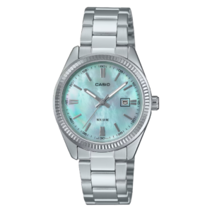 Casio LTP-1302DS-2A women's round polished silver PD-plated brass case, ice-blue mother-of-pearl dial with date window, and polished silver stainless steel link bracelet watch