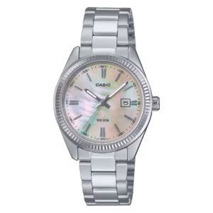 Casio LTP-1302DS-4A Timeless women's silver brass case and stainless steel bracelet with pearl-white mother-of-pearl dial and date window analog watch