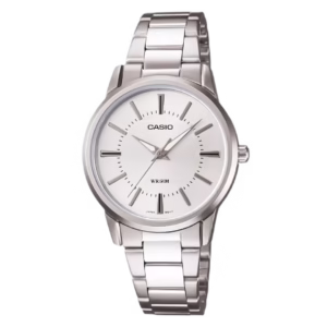 Casio LTP-1303D-7A Timeless classic women's silver PD-plated brass round case, white sunburst dial, stainless steel bracelet analog quartz watch