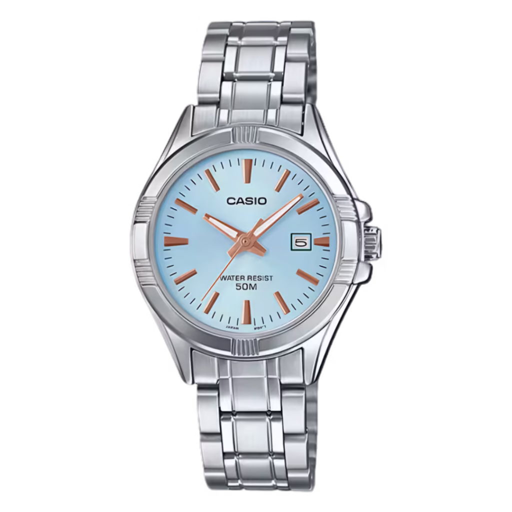 Жіночий аналоговий кварцовий годинник Casio LTP-1308D-2A з корпусом із латуні сріблястого кольору, сталевим браслетом та небесно-блакитним циферблатом "сонячні промені".