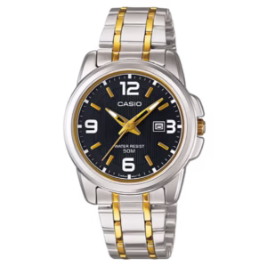 Casio LTP-1314SG-1A Timeless women's two-tone silver and gold stainless steel and brass analog watch with black guilloche dial.