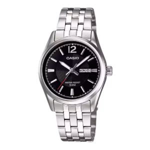 Casio LTP-1335D-1AV Timeless women's round silver-tone brass case, stainless steel bracelet, black sunburst dial with day-date window analog watch