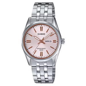 Casio LTP-1335D-4A Timeless women's round silver brass case and stainless steel bracelet analog watch with salmon pink sunburst dial, Roman numerals, and day-date window.