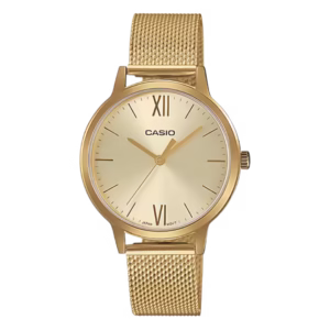 Casio LTP-E157MG-9A Timeless women's gold ion-plated stainless steel milanese mesh bracelet analog quartz watch with round case and champagne dial with Roman numerals.