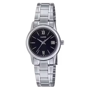 Casio LTP-V002D-1B3 Timeless women's classic analog watch with round silver brass case, black sunburst dial, Roman numerals, date window, and silver stainless steel bracelet.