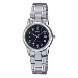 Casio LTP-V002D-1B Timeless women's silver brass case, stainless steel bracelet, black dial analog quartz watch