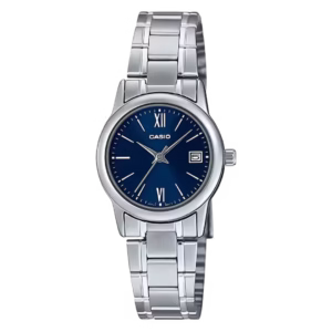 Casio LTP-V002D-2B3 Timeless Collection women's silver PD-plated brass round case, navy blue sunburst dial with date and Roman numerals, and brushed stainless steel bracelet quartz watch.