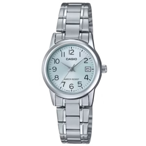 Casio LTP-V002D-2B Timeless women's silver brass case stainless steel bracelet ice-blue sunburst dial with date window analog quartz watch