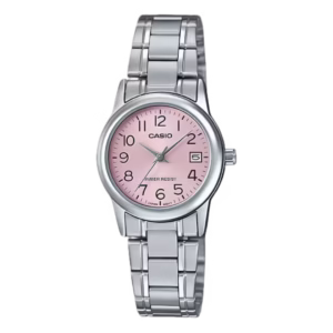 Casio LTP-V002D-4B women's silver stainless steel bracelet salmon pink sunburst dial with date window quartz watch