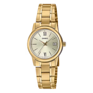 Casio LTP-V002G-9B3 women's gold-tone round quartz watch with champagne sunburst dial, Roman numerals, date window, and stainless steel bracelet.