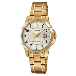 Casio LTP-V004G-9B Timeless gold-tone ion-plated brass case stainless steel bracelet beige sunburst dial women's analog quartz watch