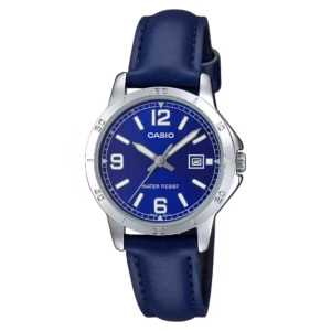 Casio LTP-V004L-2B Timeless Collection round silver brass case, navy blue genuine leather strap, navy blue guilloche dial with date window women's analog watch