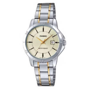 Casio LTP-V004SG-9A Timeless women's round silver-tone brass case, champagne gold sunburst analog dial with indices and date window, two-tone silver and gold stainless steel bracelet watch.