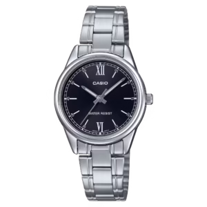 Casio LTP-V005D-1B2 Timeless Collection silver brass round case, silver stainless steel bracelet, navy blue dial women's analog watch with Roman numerals.