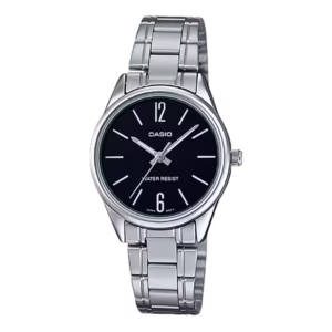 Casio LTP-V005D-1B Timeless Collection silver-tone brass case, black dial with indices, and silver-tone stainless steel bracelet analog watch