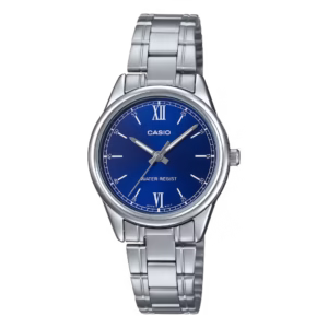 Casio LTP-V005D-2B2 Timeless silver brass case, stainless steel bracelet, navy blue dial women's analog quartz watch