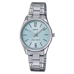 Casio LTP-V005D-2B women's classic round silver polished brass case, tiffany blue sunburst dial with Arabic numerals and indices, silver brushed stainless steel bracelet quartz watch.