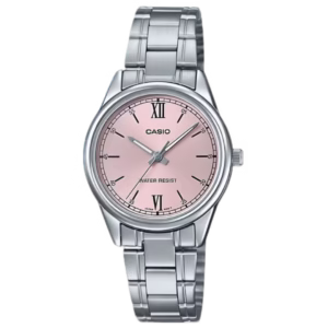 Casio LTP-V005D-4B2 Timeless women's round silver brass case, pale-pink sunburst dial with Roman numerals, silver stainless steel bracelet quartz watch