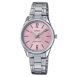 Casio LTP-V005D-4B Timeless silver brass pale pink dial stainless steel women's analog quartz watch