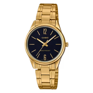 Casio LTP-V005G-1B Timeless gold-tone brass case, stainless steel bracelet, black dial women's analog quartz classic watch