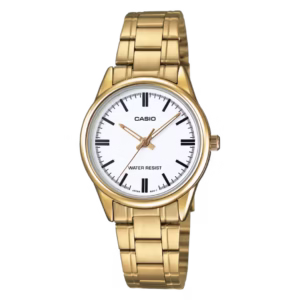 Casio LTP-V005G-7A Timeless women's gold-tone round brass case white dial analog quartz watch with stainless steel bracelet