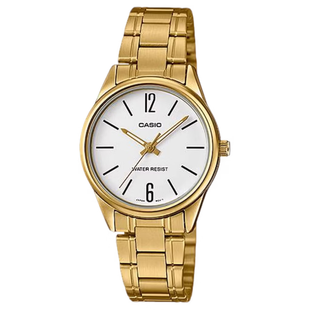 casio LTP-V005G-7B gold ion-plated brass round case, gold stainless steel bracelet, white analog dial with Arabic numerals and indices watch
