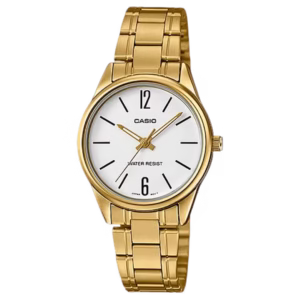 casio LTP-V005G-7B gold ion-plated brass round case, gold stainless steel bracelet, white analog dial with Arabic numerals and indices watch