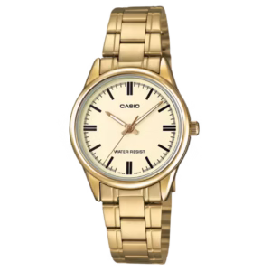Casio LTP-V005G-9A women's Timeless Collection gold ion-plated brass case, gold stainless steel bracelet, champagne gold dial analog quartz watch