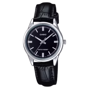 Casio LTP-V005L-1A Timeless silver brass case, black dial, black genuine leather strap women's classic analog quartz watch.