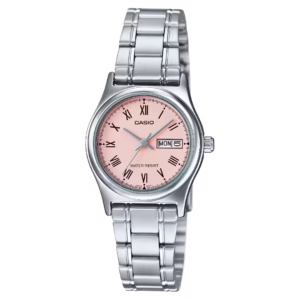 Casio LTP-V006D-4B Timeless silver brass and stainless-steel women's analog quartz watch with a salmon pink dial, Roman numerals, and day-date window.