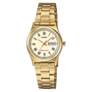 Casio LTP-V006G-9B Timeless women's gold brass analog Roman numerals day-date stainless steel bracelet watch