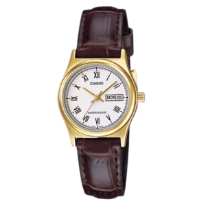Casio LTP-V006GL-7B Timeless women's round gold-tone brass watch with white dial, Roman numerals, day-date window, and brown crocodile-embossed genuine leather strap.