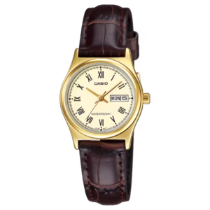 Casio LTP-V006GL-9B Timeless women's quartz analog watch with round gold ion-plated brass case, champagne gold dial with Roman numerals and day-date window, and brown genuine leather strap.