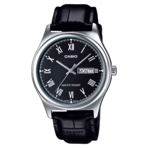 Casio LTP-V006L-1B2U Timeless women's silver round chrome-plated brass case, black matte dial with Roman numerals, day-date window, black genuine leather strap quartz watch